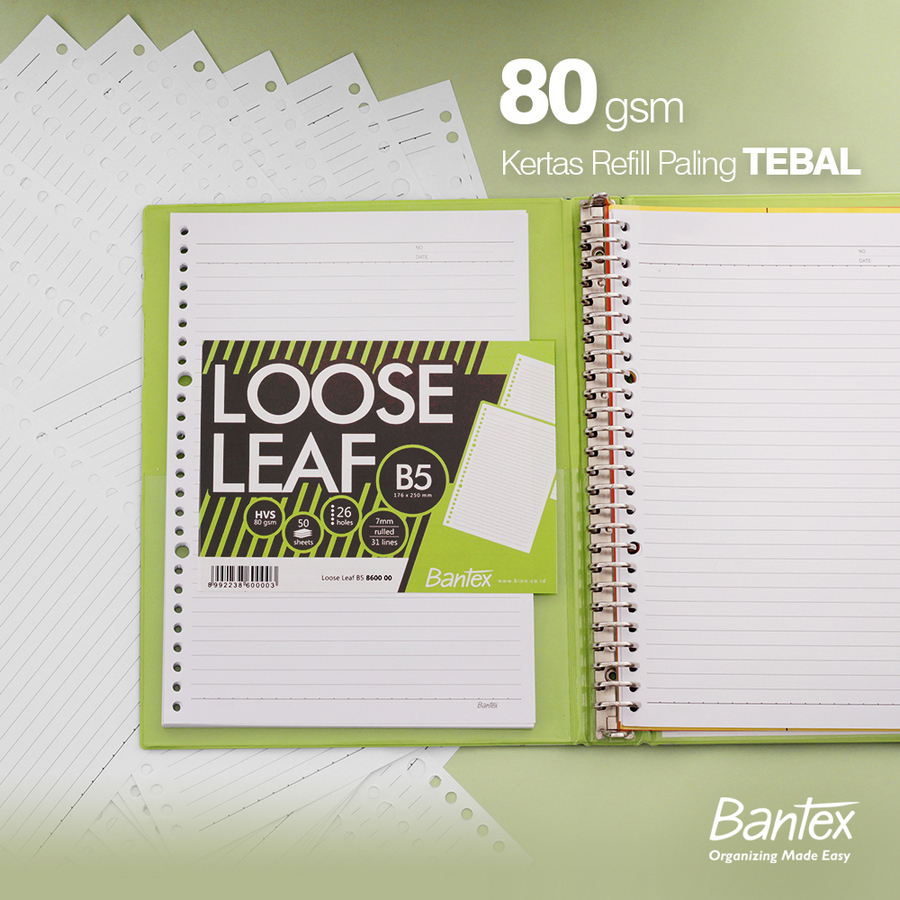 Loose Leaf Paper untuk Multi Ring Binder B5 / HVS 80 gsm / 50 lembar / 26 lubang / 31 baris - depan